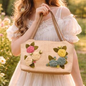 Fossil Forever Cottagecore Straw tote with Velvet flowers new